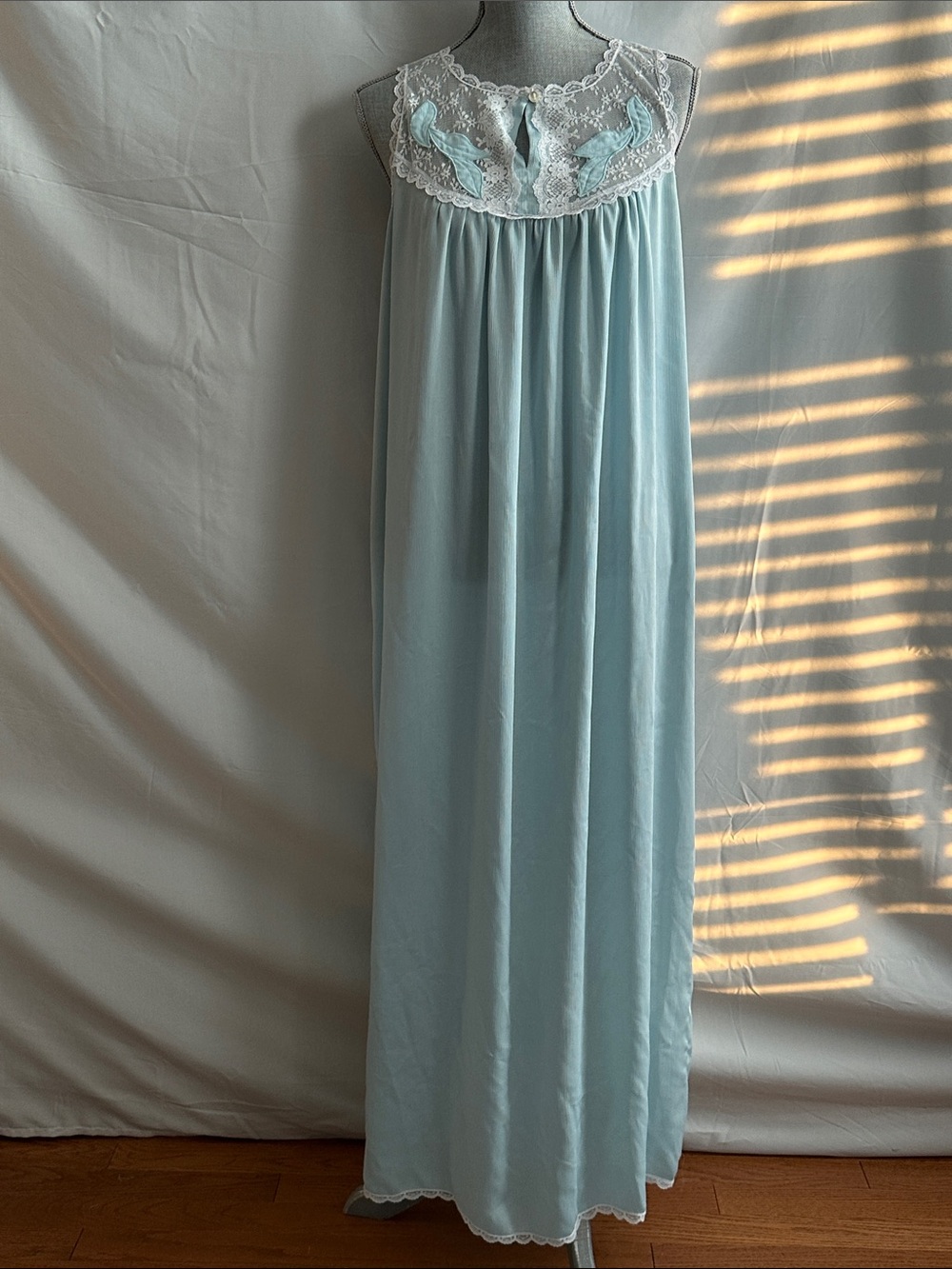 Vintage Lace Yoke Long Nightgown in Light Blue